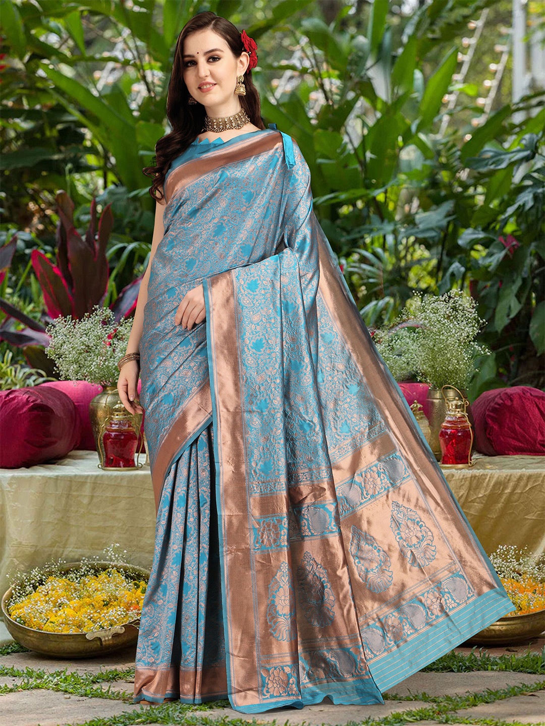 

KALINI Floral Woven Design Zari Banarasi Saree, Blue