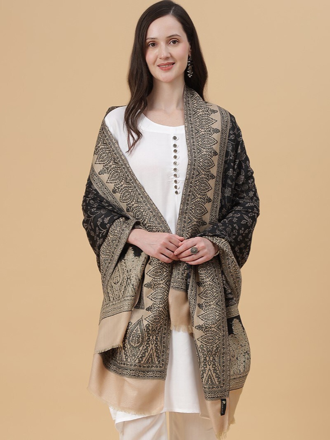 

Zamour Ethnic Motifs Woven-Design Shawl, Black