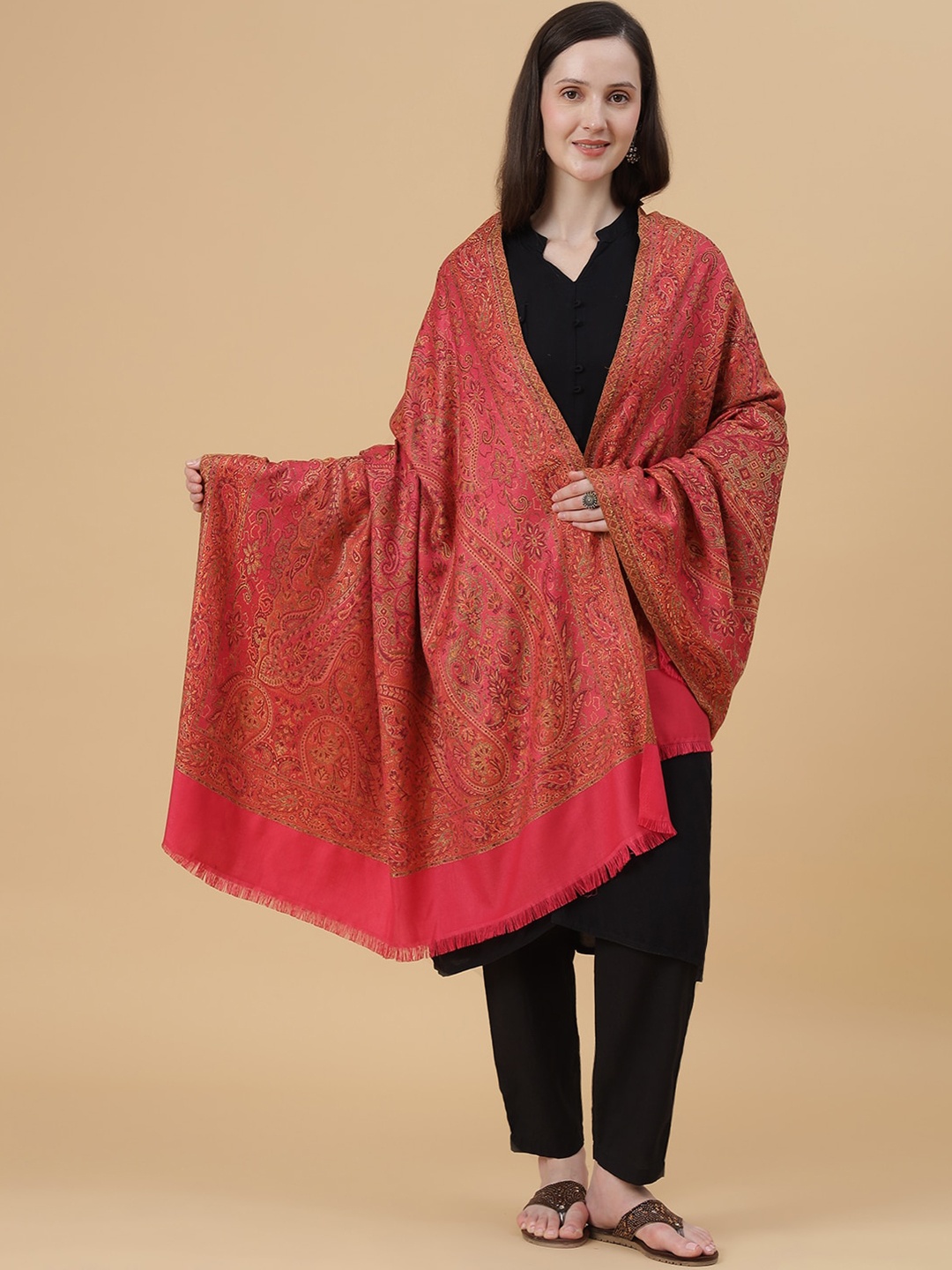 

Zamour Ethnic Motifs Women Woven-Design Shawl, Pink