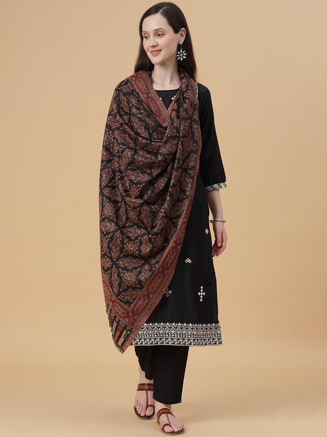 

Zamour Ethnic Motifs Woven-Design Shawl, Black
