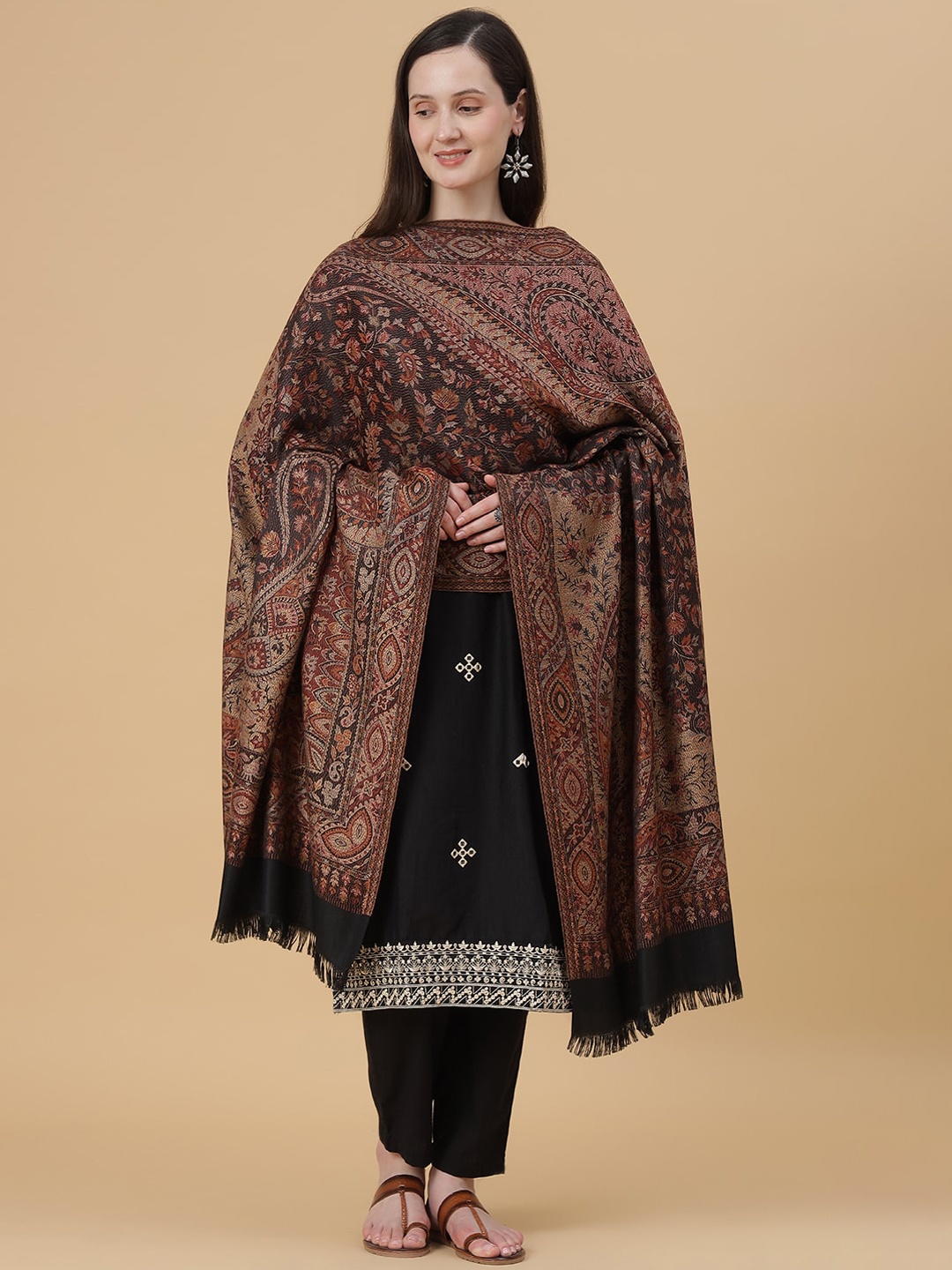 

Zamour Floral Woven Design Jamawar Shawl, Black