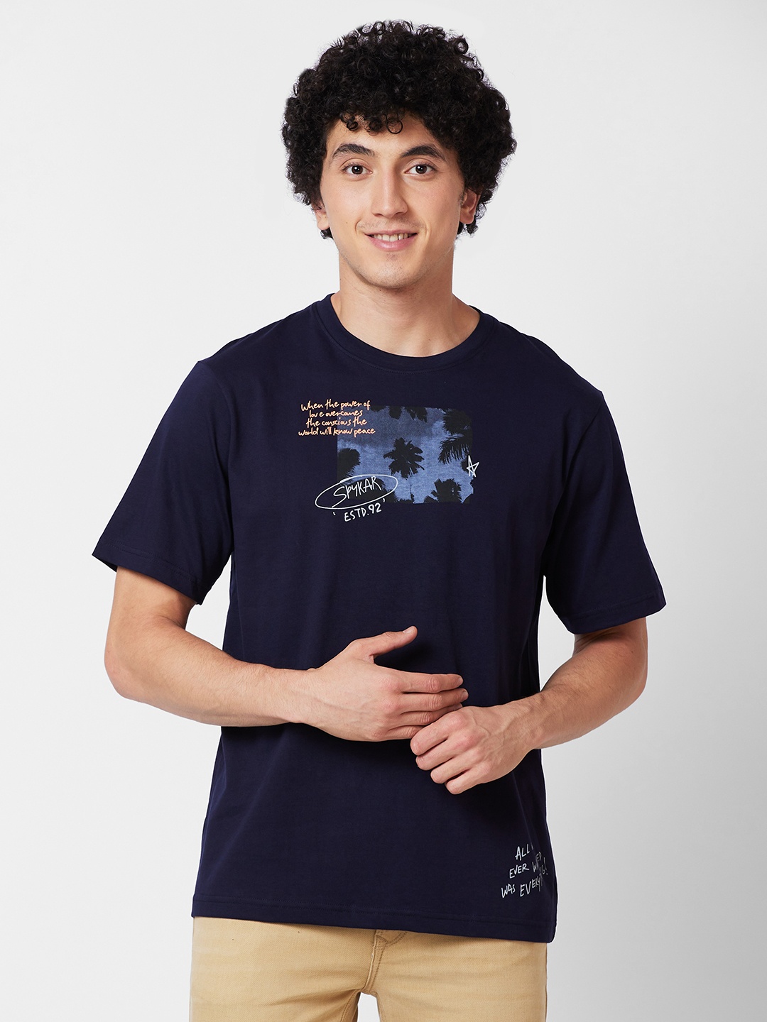 

SPYKAR Graphic Printed Relaxed Fit Drop-Shoulder Sleeves Casual T-shirt, Navy blue