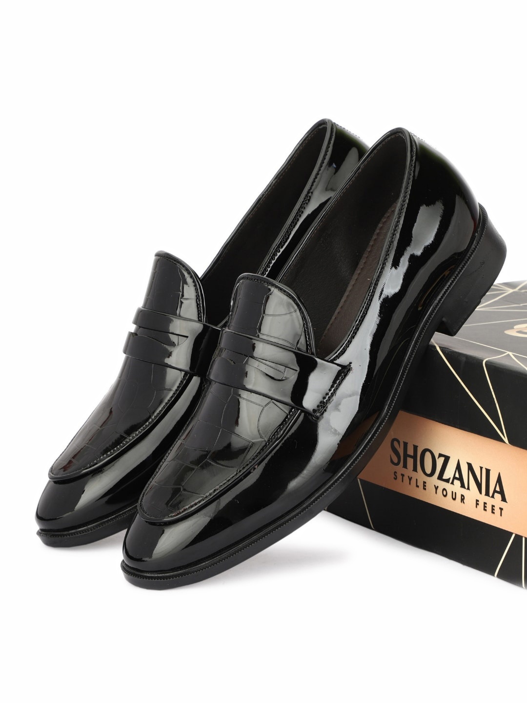 

SHOZANIA Men Textured Leather Formal Penny Loafers, Black