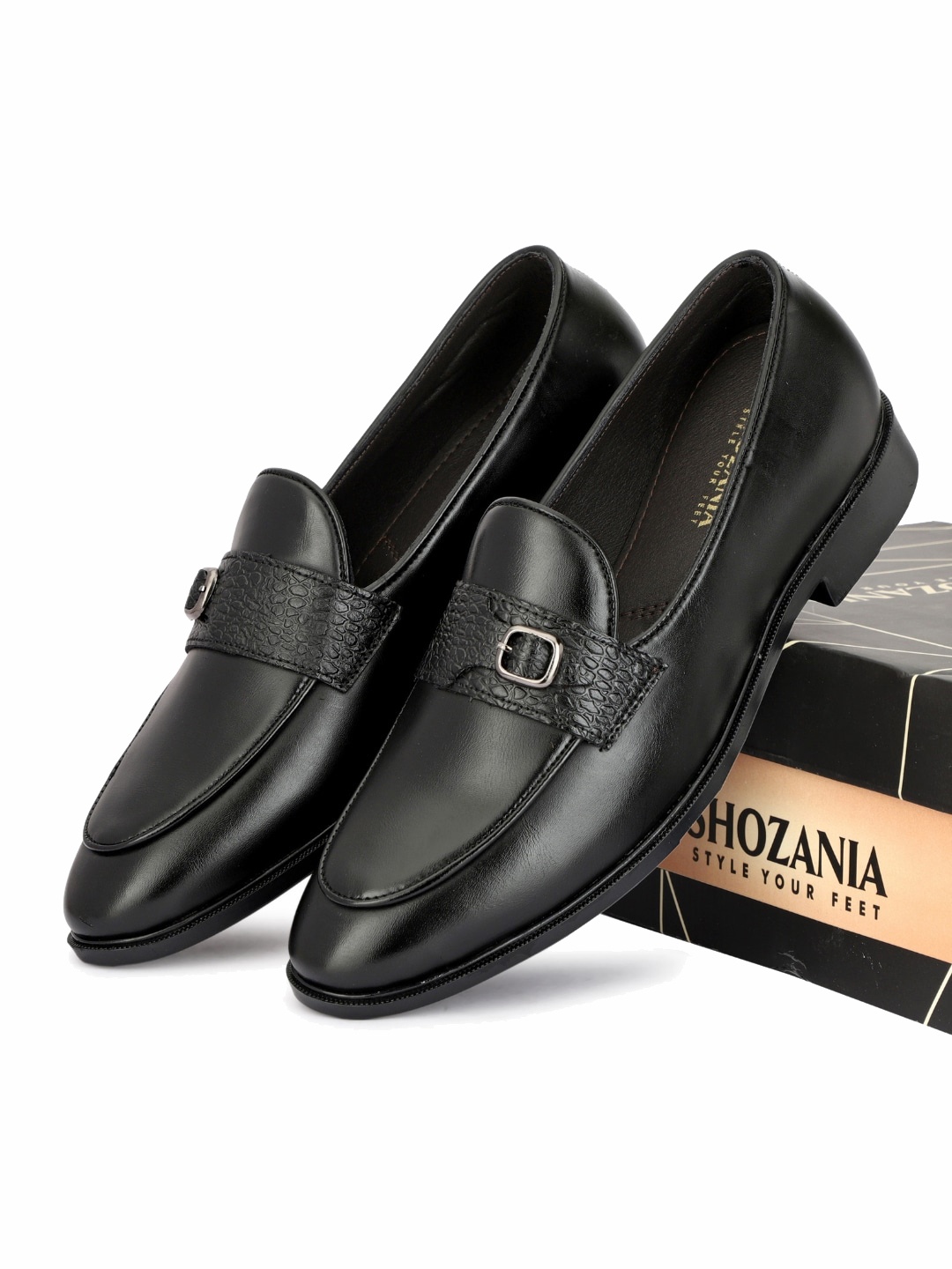 

SHOZANIA Men Textured Leather Formal Loafers With Buckle Detail, Black