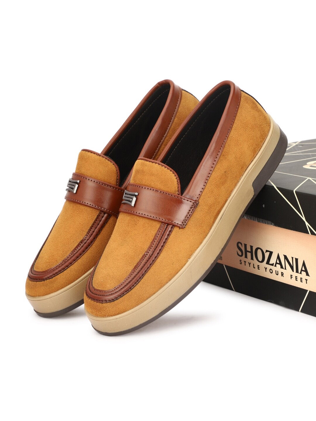 

SHOZANIA Men Embellished Suede Comfort Insole Loafers, Tan