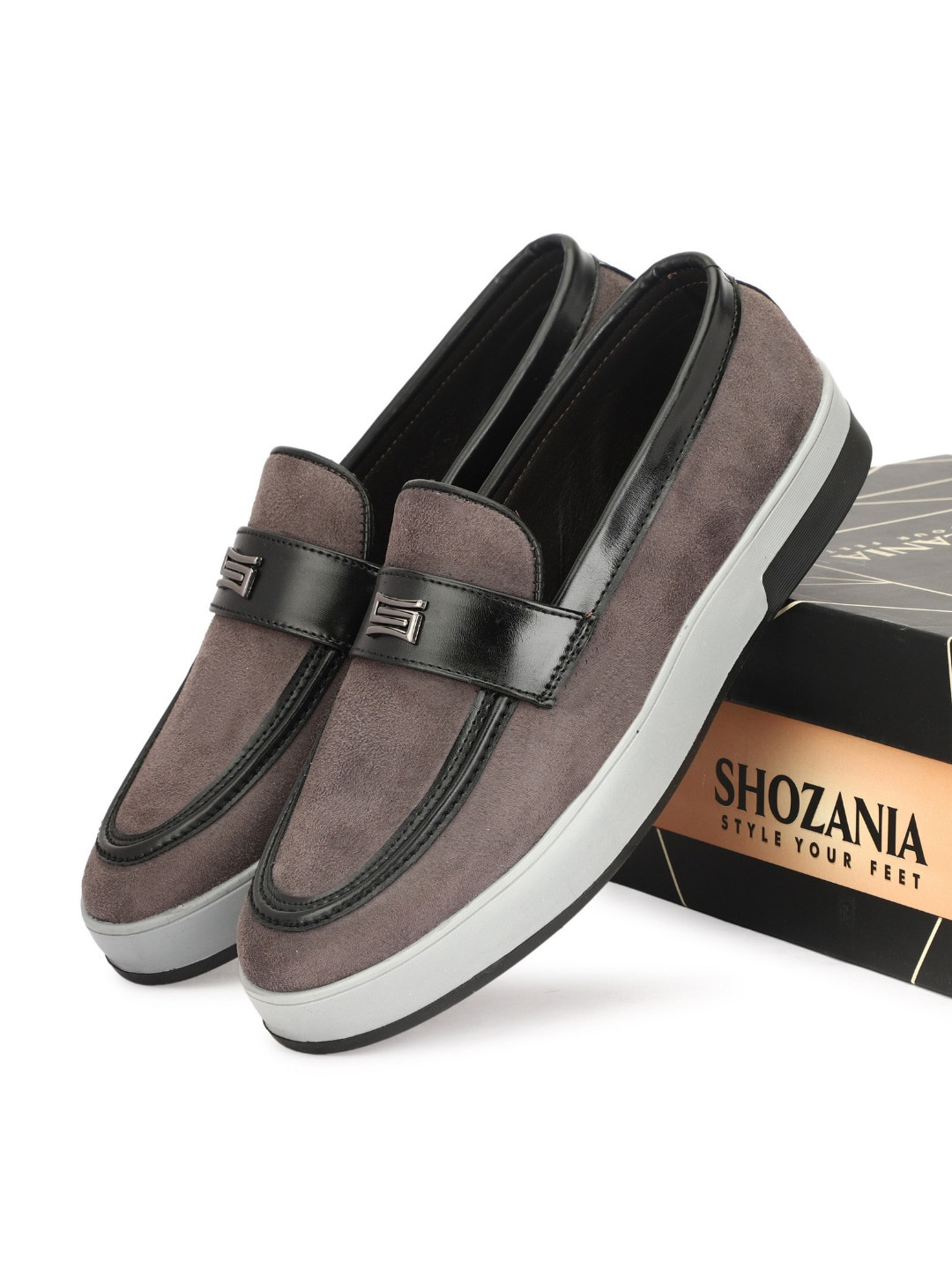 

SHOZANIA Men Embellished Suede Comfort Insole Loafers, Grey