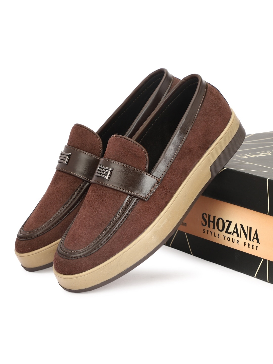 

SHOZANIA Men Embellished Suede Comfort Insole Loafers, Brown