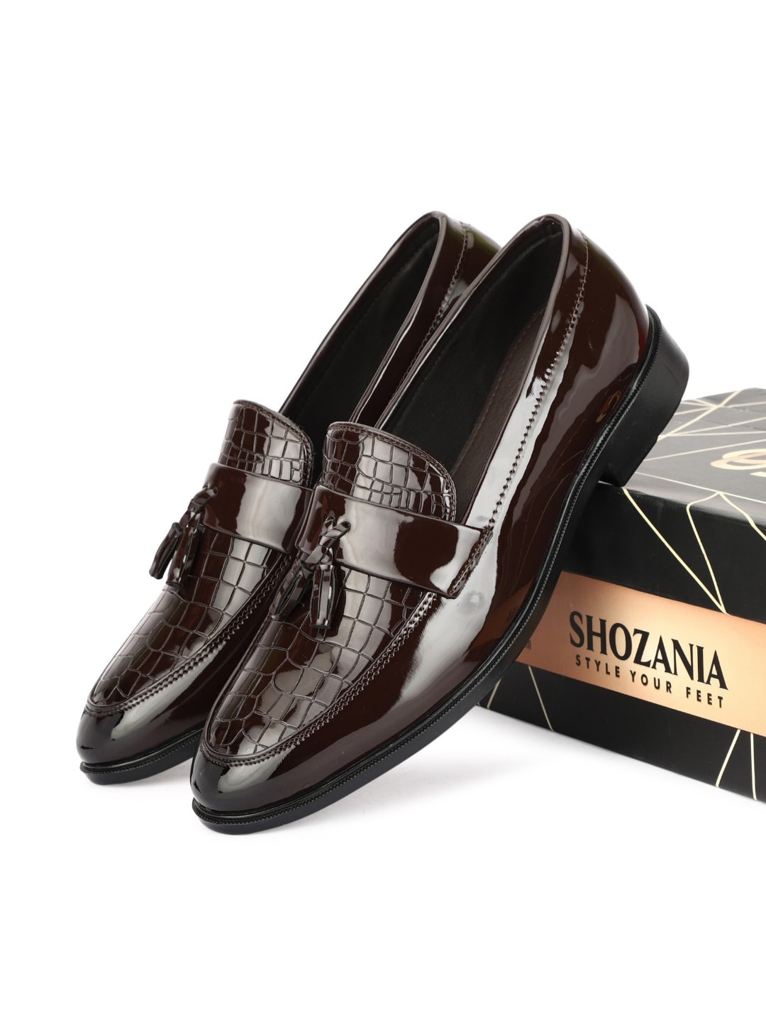 

SHOZANIA Men Textured Leather Formal Loafers, Brown