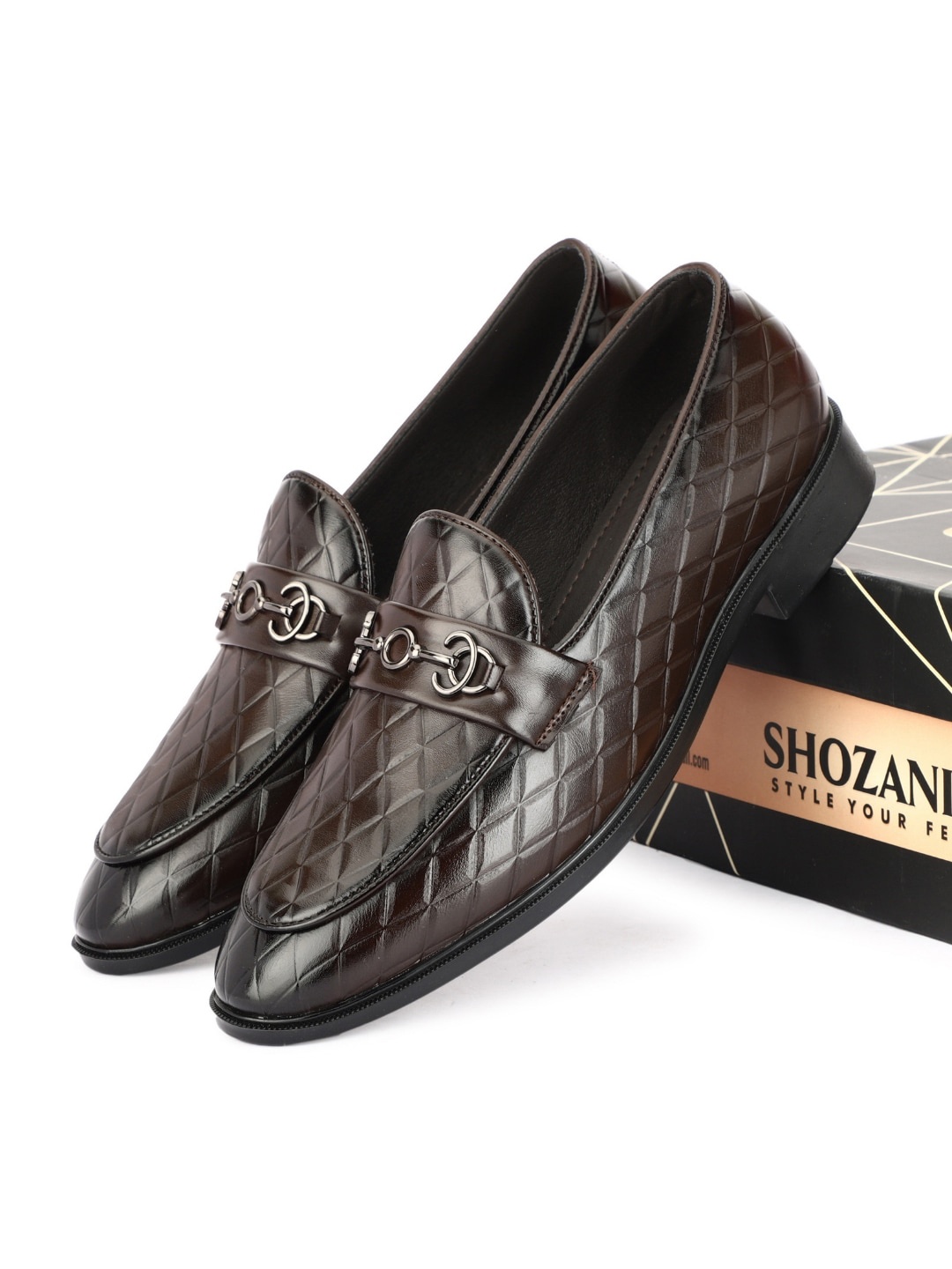 

SHOZANIA Men Textured Leather Formal Loafers, Brown