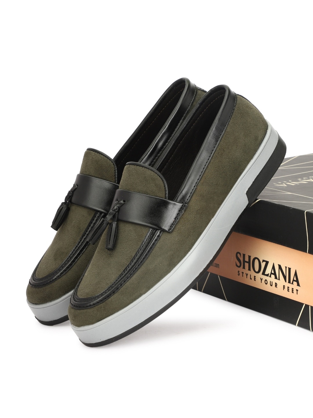 

SHOZANIA Men Embellished Suede Comfort Insole Tassel Loafers, Olive