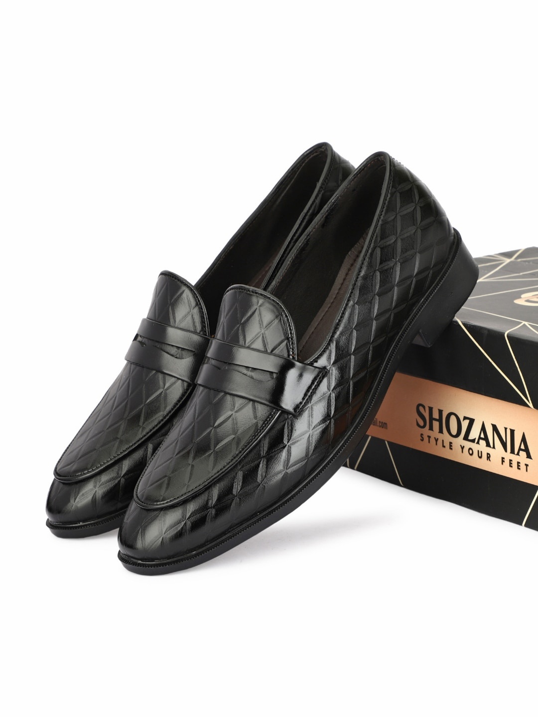 

SHOZANIA Men Textured Leather Formal Penny Loafers, Black