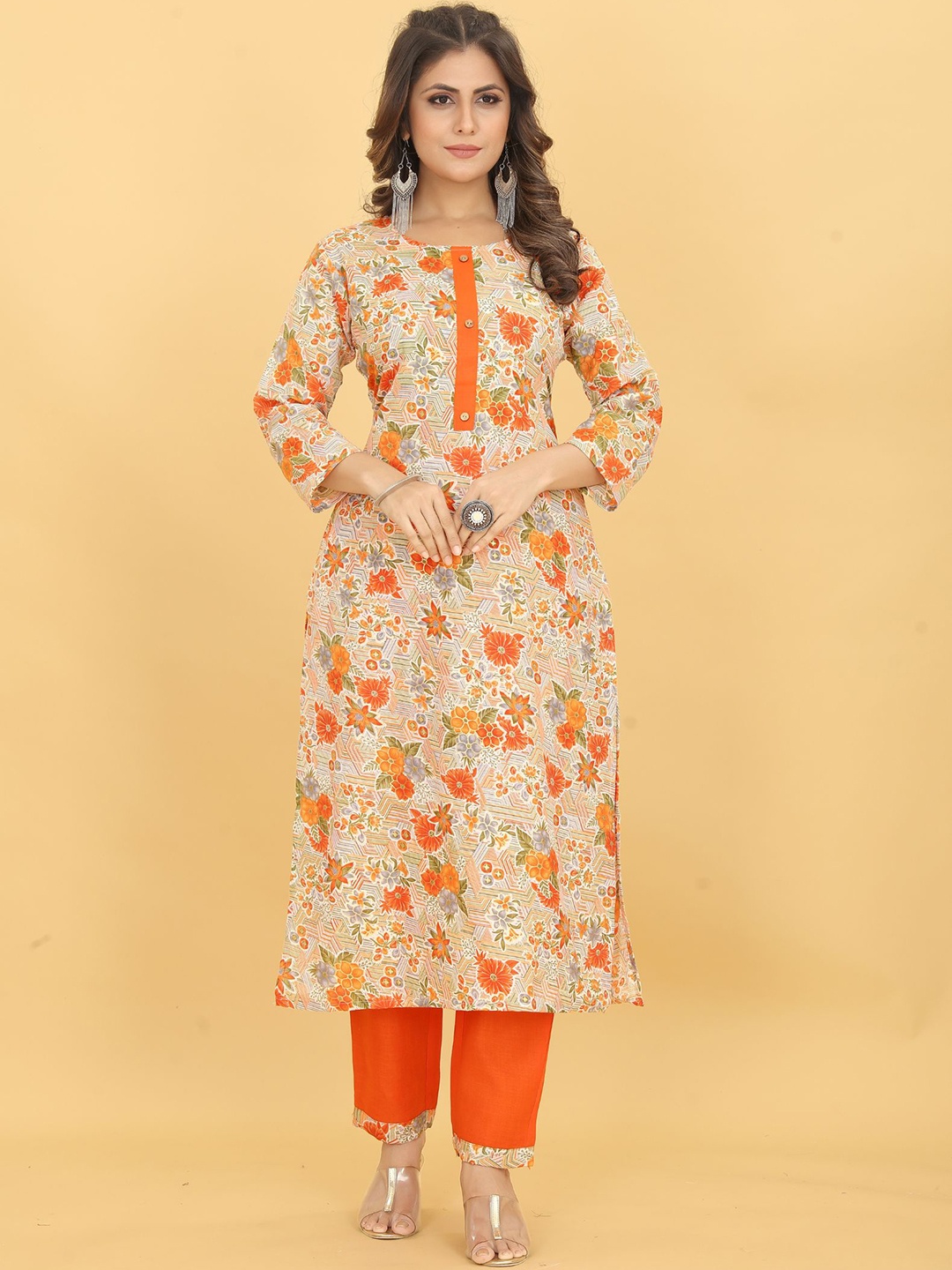

KALINI Floral Printed Regular Kurta With Trousers, Orange