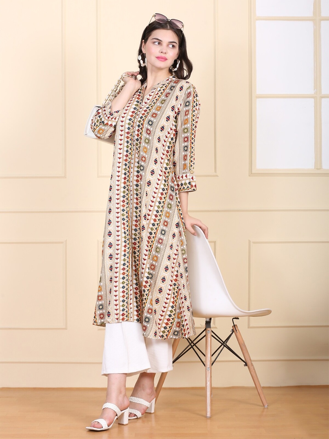 

MYSHA Ethnic Motifs Printed Mandarin Collar A-Line Kurta, Beige