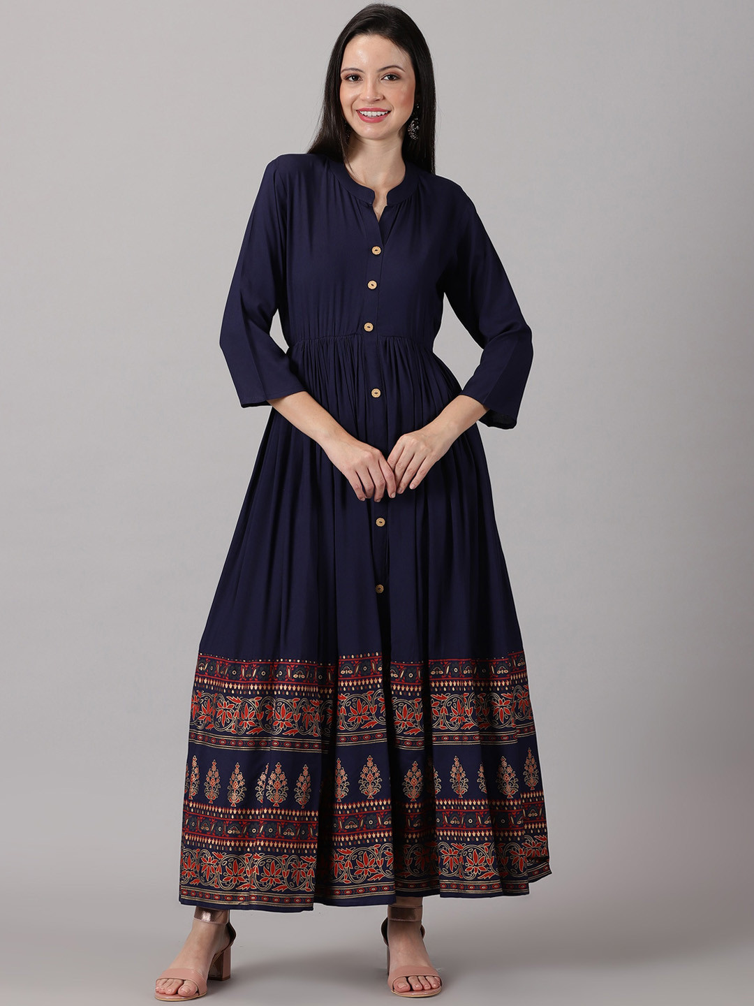 

DK FAB Floral Printed Mandarin Collar Flared Anarkali Kurta, Blue