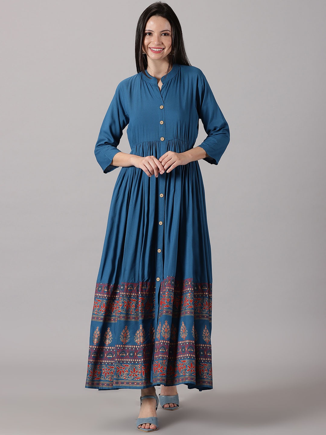 

DK FAB Ethnic Motifs Printed Mandarin Collar Flared Anarkali Kurta, Turquoise blue