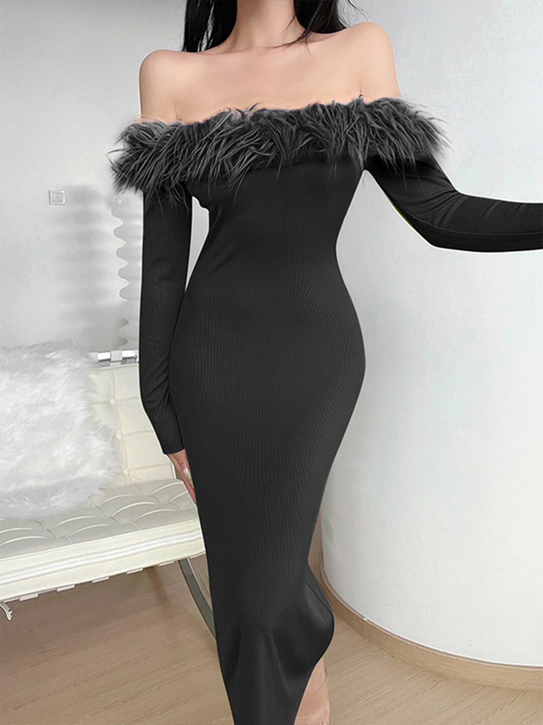 

StyleCast Off-Shoulder Fringed Bodycon Dress, Black