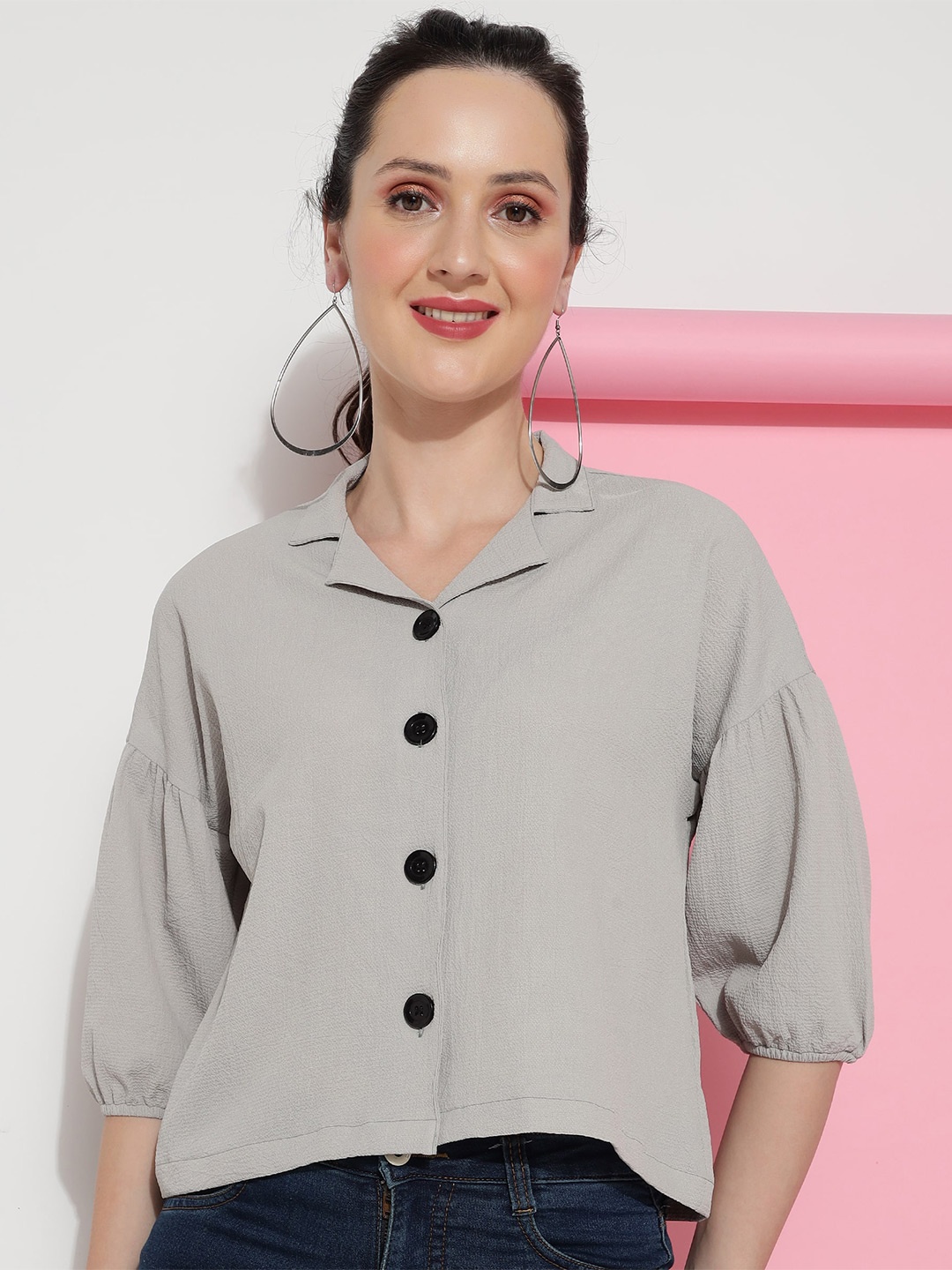 

Colors of Earth Classic Cuban Collar Self Design Drop Oversize Shoulder Casual Shirt, Grey
