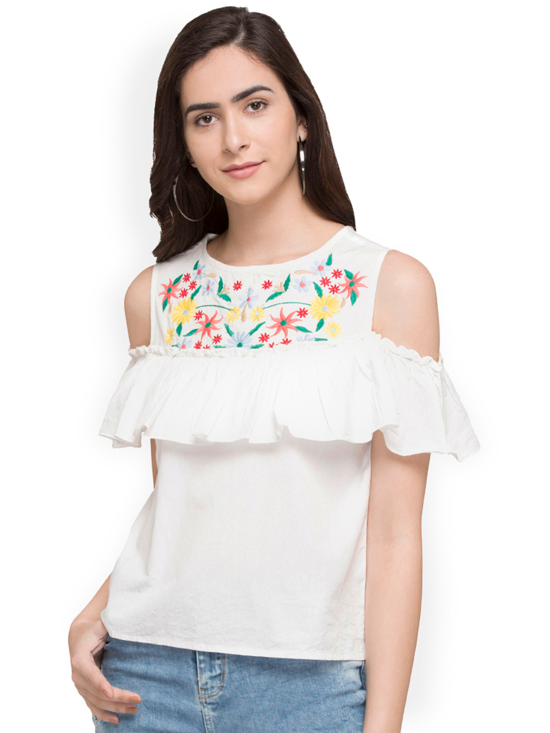 

Globus Women White Printed Cold Shoulder Top