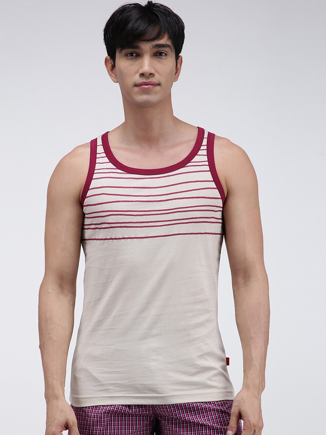 

Zoiro Striped Cotton Bio-Polished Innerwear Basic Vest, Beige