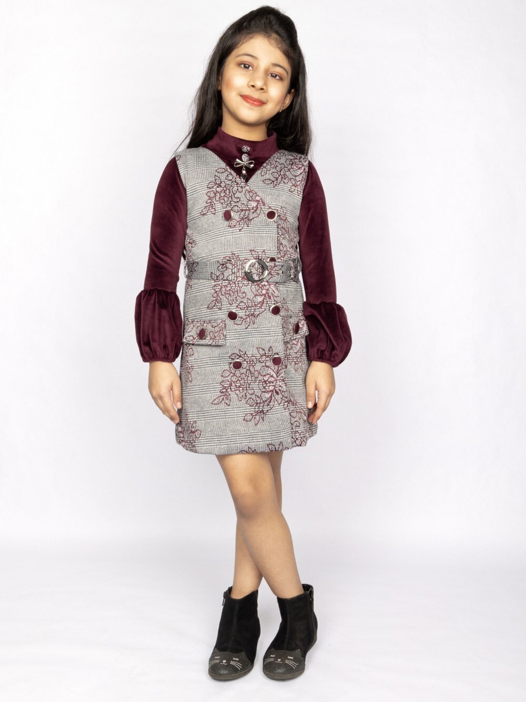 

Peppermint Girls Floral Printed V-Neck Belted A-Line Dress, Grey