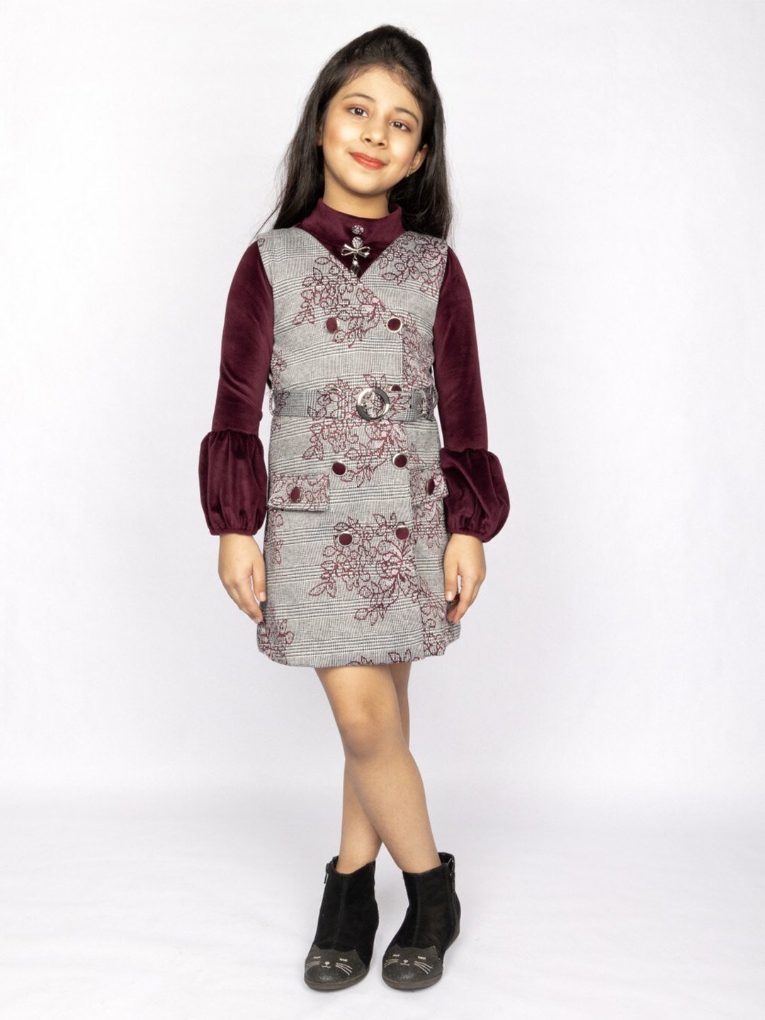 

Peppermint Girls Floral Printed Shirt Collar Cuffed Sleeves A-Line Dress, Burgundy