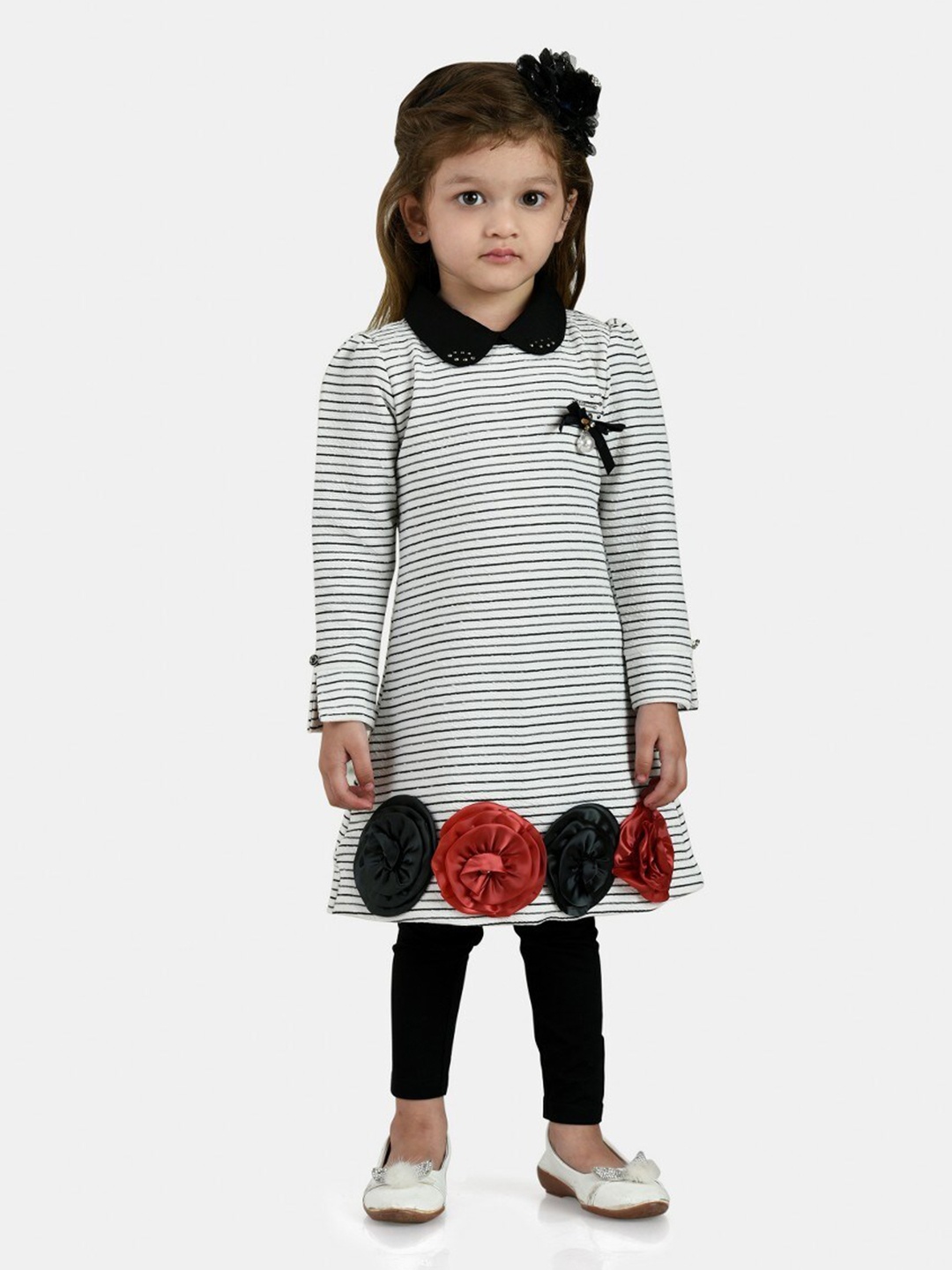 

Peppermint Girls Striped Peter Pan Collar Long Sleeve Beads & Stones A-Line Kurta, Black