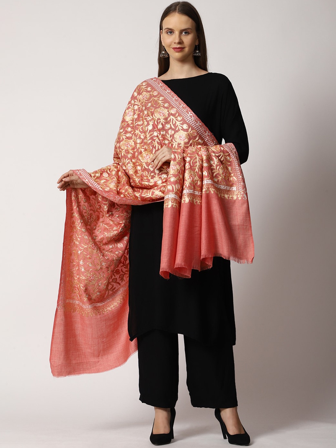 

SWI Stylish Floral Embroidery Aari Work Shawl, Pink