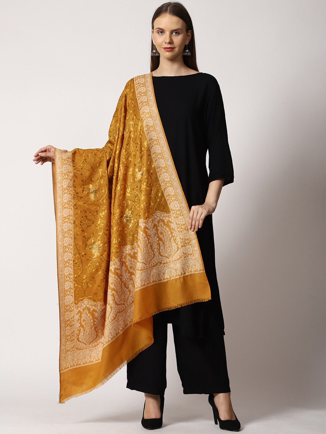 

SWI Stylish Women Ethnic Motifs Embroidered Shawl, Mustard