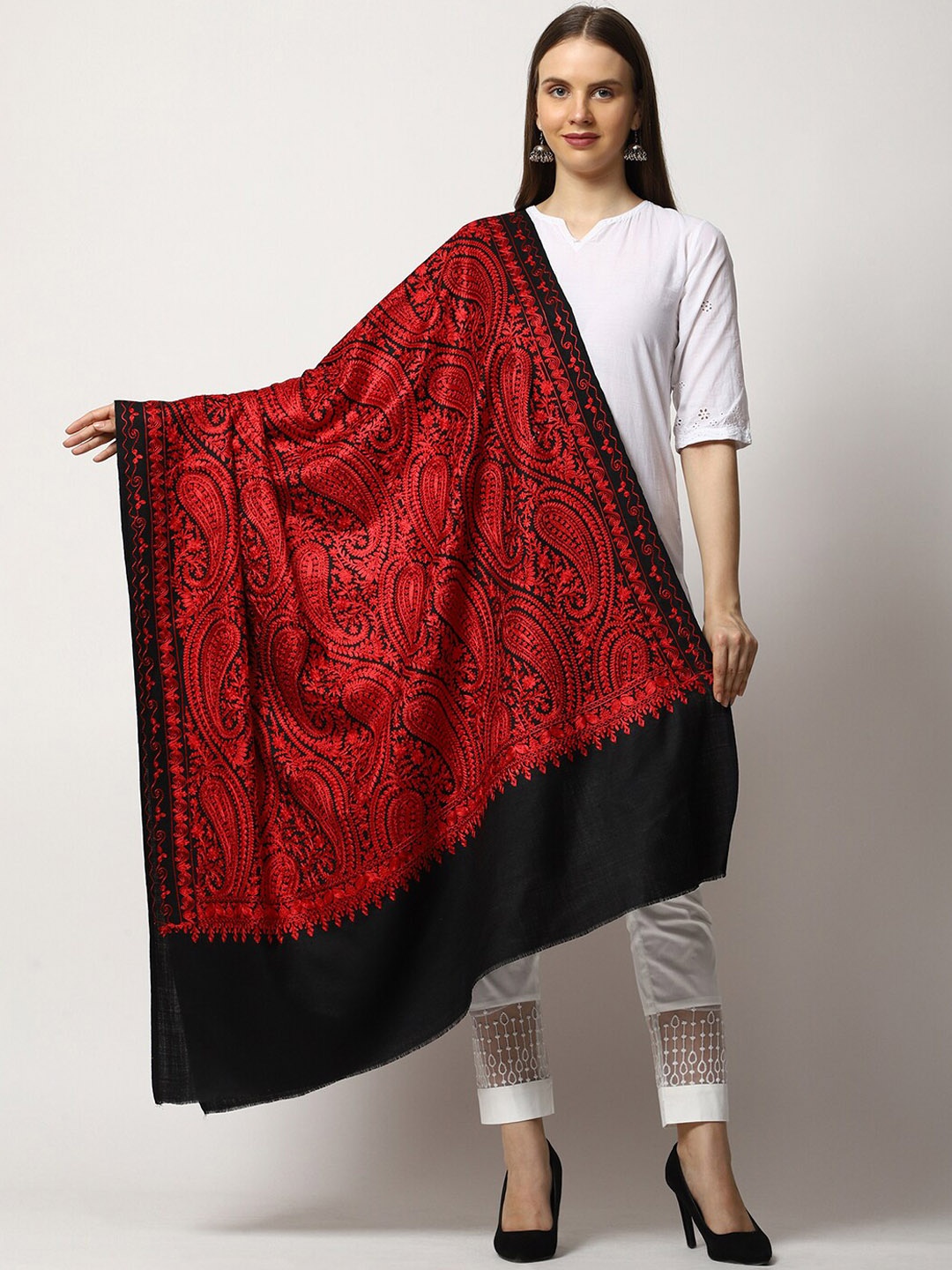

SWI Stylish Women Ethnic Motifs Embroidered Shawl, Black