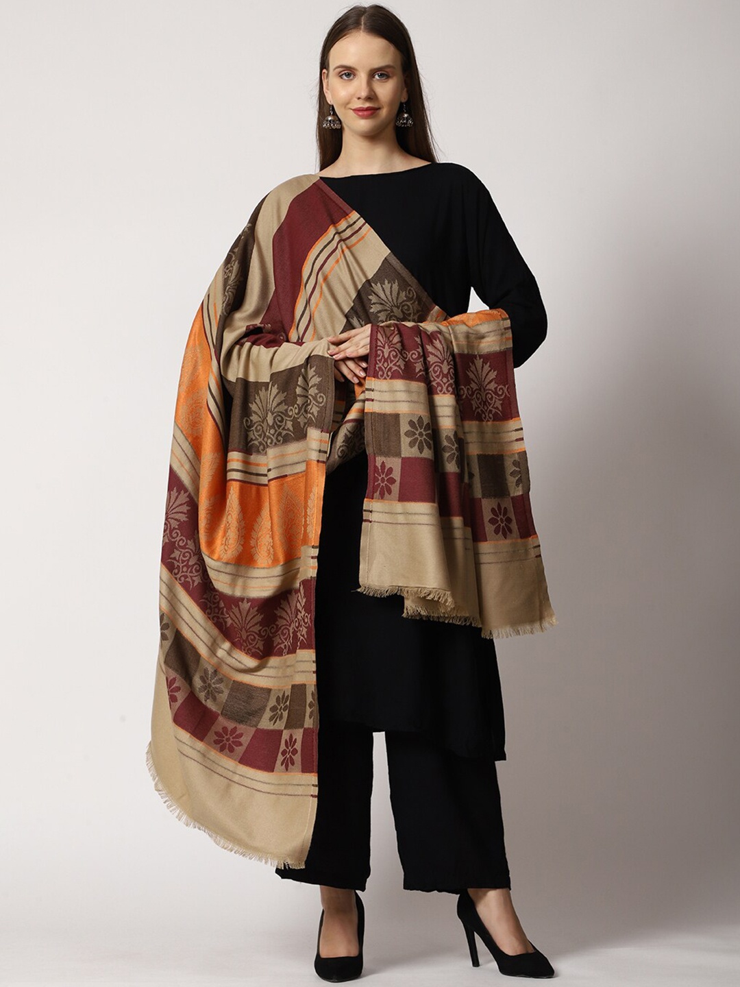 

SWI Stylish Women Ethnic Motifs Woven Design Shawl, Beige