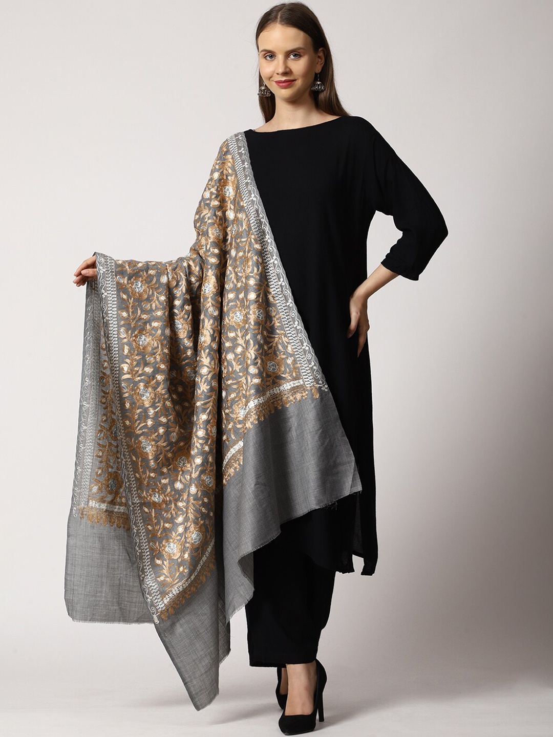 

SWI Stylish Women Ethnic Motifs Embroidered Shawl, Grey