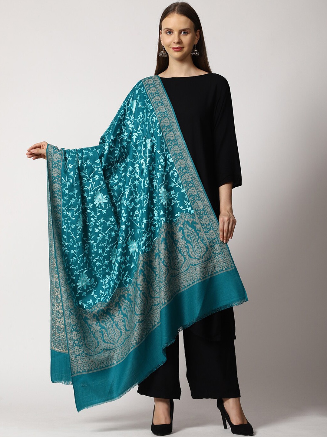 

SWI Stylish Women Ethnic Motifs Embroidered Shawl, Sea green