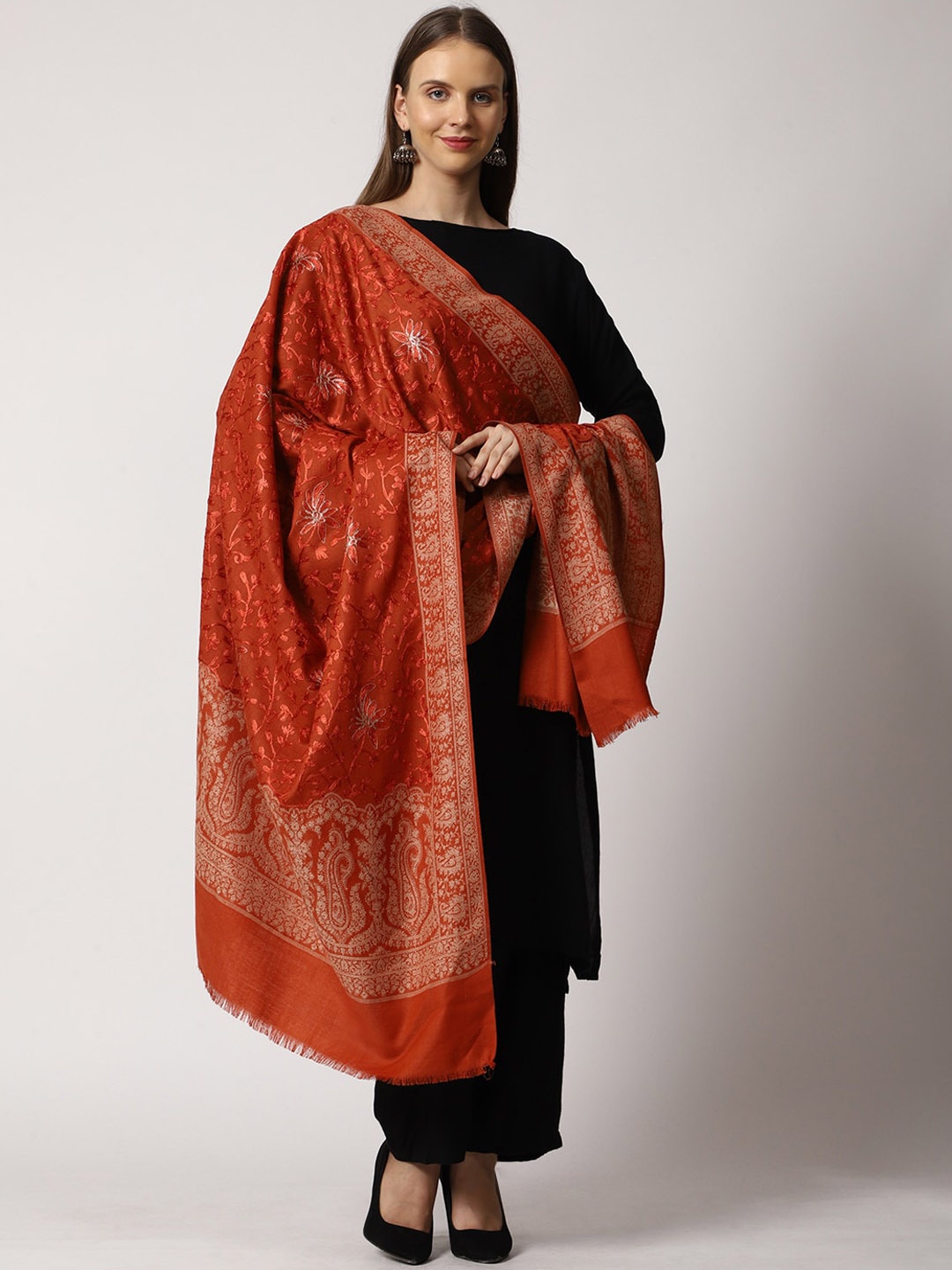 

SWI Stylish Floral Embroidered Shawl, Rust