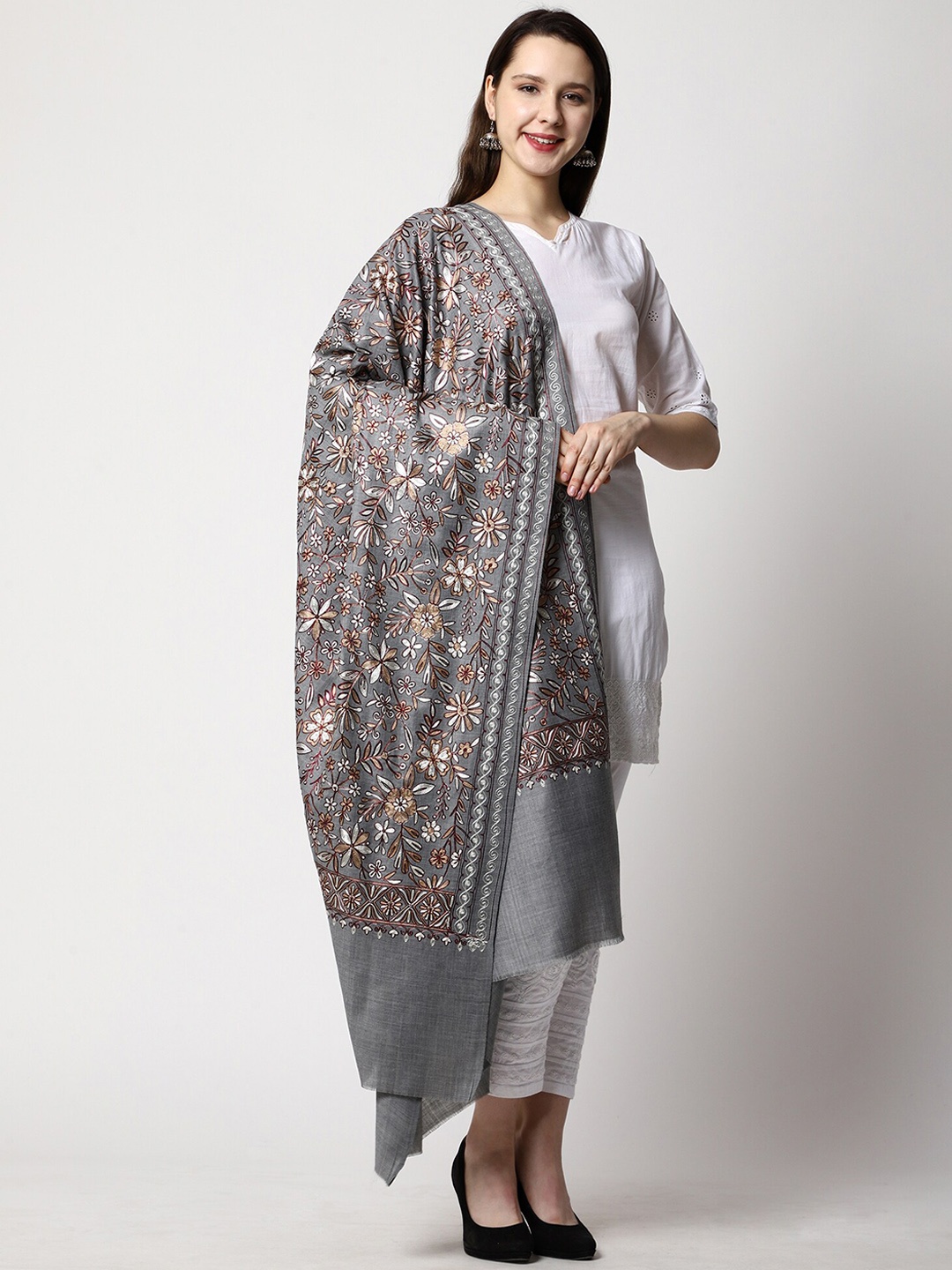 

SWI Stylish Floral Aari Work Embroidered Shawl, Grey