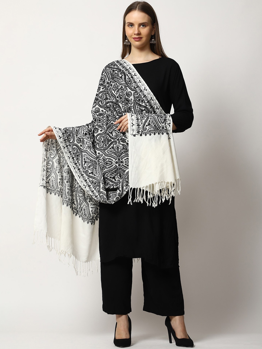 

SWI Stylish Aari Work Embroidered Shawl, White