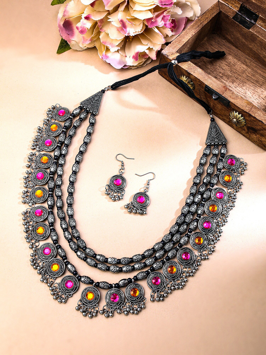 

Yellow Chimes Silver-Plated Stones Studded & Beaded Afghan Jewellery Set