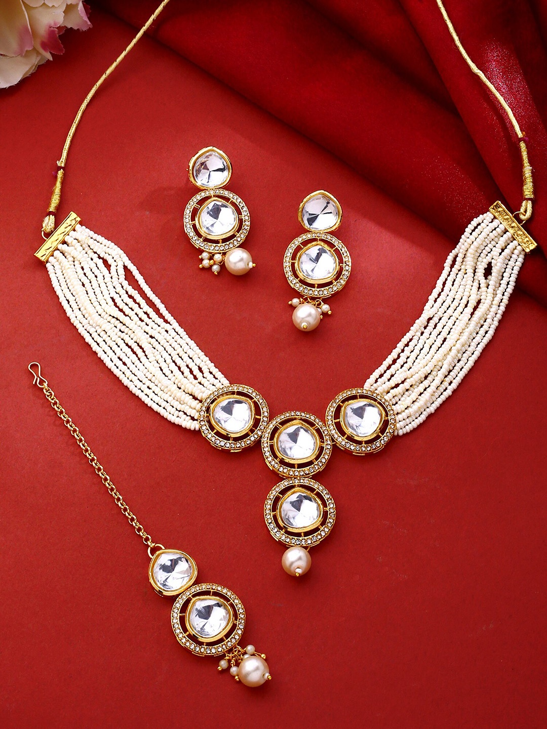 

Yellow Chimes Gold-Plated Kundan-Studded & Beaded Jewellery Set