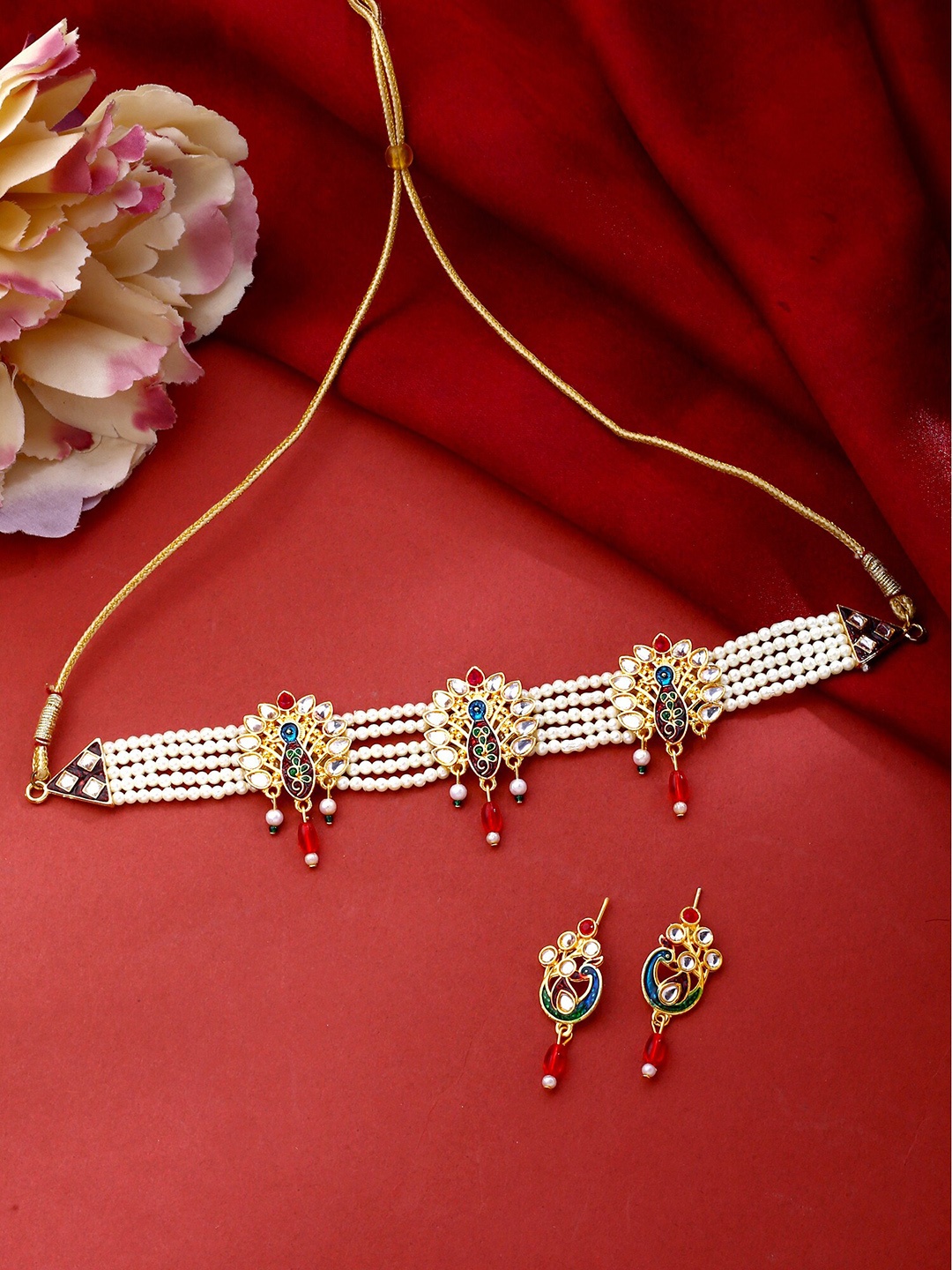 

Yellow Chimes Gold-Plated Stoned-Studded & Pearl-Beaded choker Jewellery Set