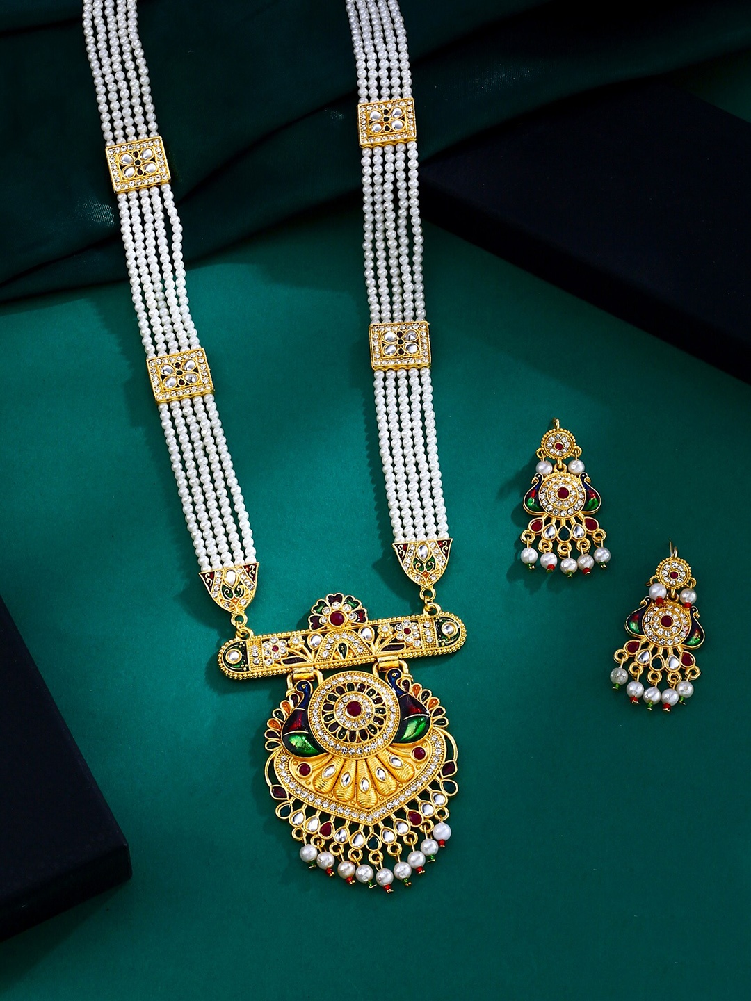

Yellow Chimes Gold-Plated Stoned-Studded & Pearl-Beaded Meenakari Jewellery Set