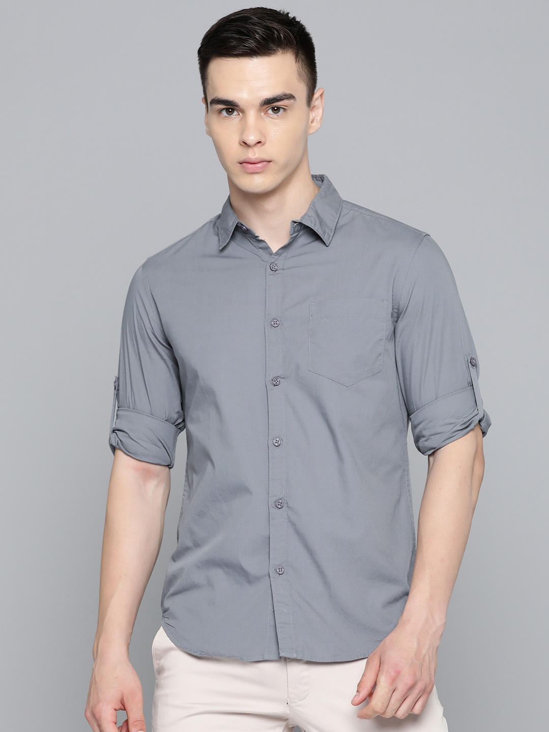 

HIGHLANDER Cotton Slim Fit Opaque Casual Shirt, Grey