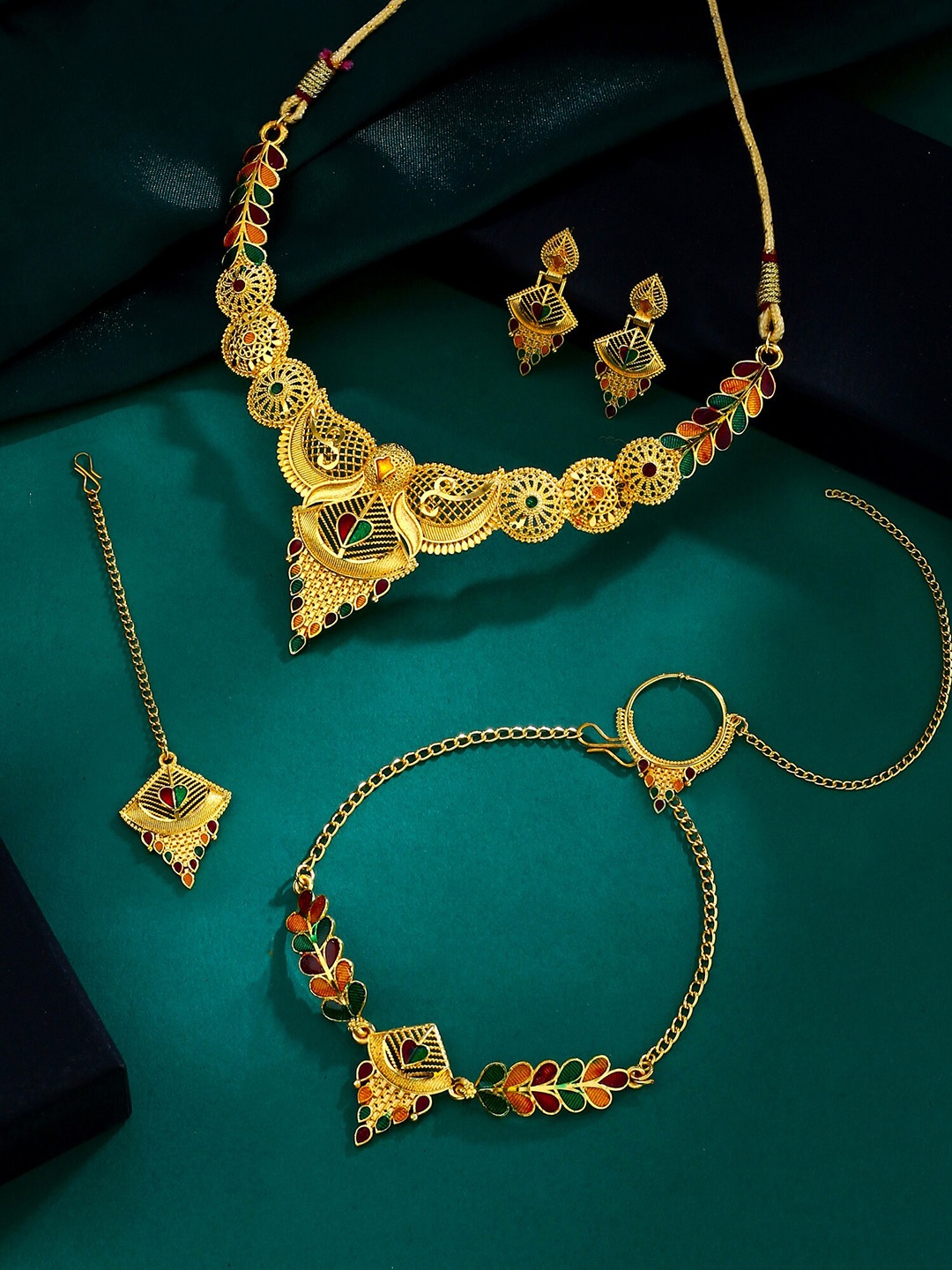 

Yellow Chimes Gold-Plated Meenakari Jewellery Set with Maangtikka & Nose Ring