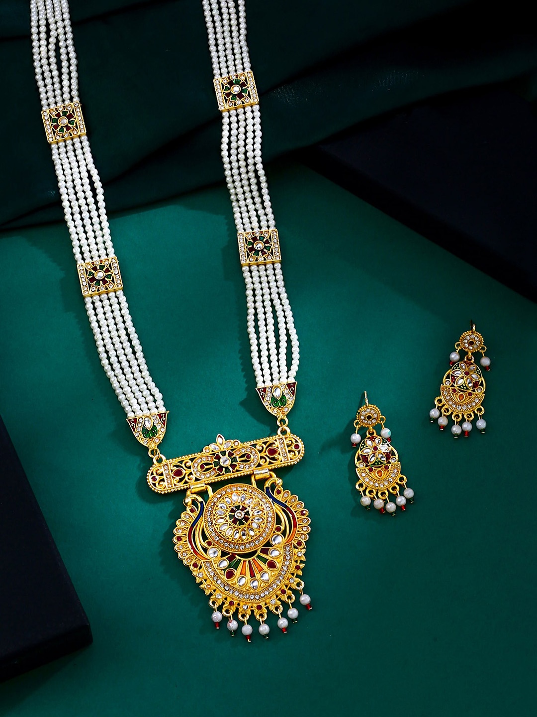 

Yellow Chimes Gold-Plated Stoned-Studded & Pearl-Beaded Necklace With Earrings