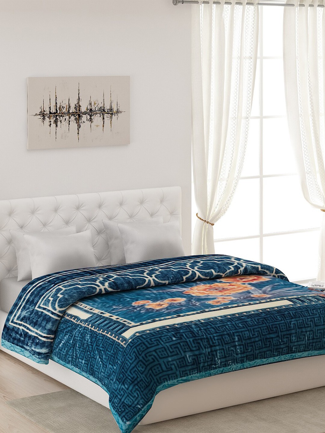 

Monte Carlo Blue & White Geometric 3500 GSM Heavy Winter Double Bed Blanket