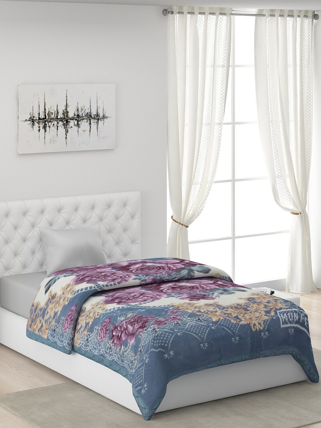 

Monte Carlo Cream-Coloured & Blue Floral Heavy Winter Single Bed Blanket