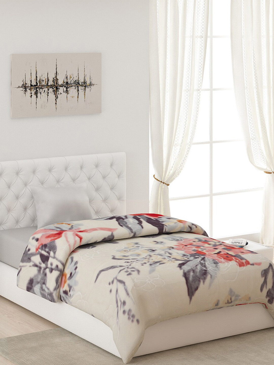 

Monte Carlo Cream-Coloured & Grey Floral 4000 GSM Heavy Winter Single Bed Blanket