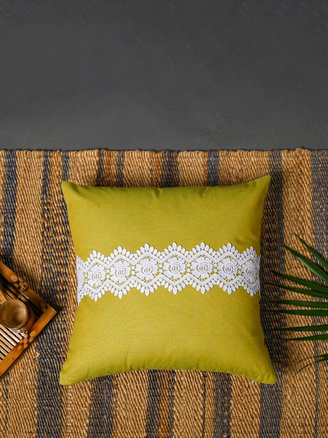 

OUSSUM Yellow & White 2 Pieces Lace Design Cotton Square Cushion Covers
