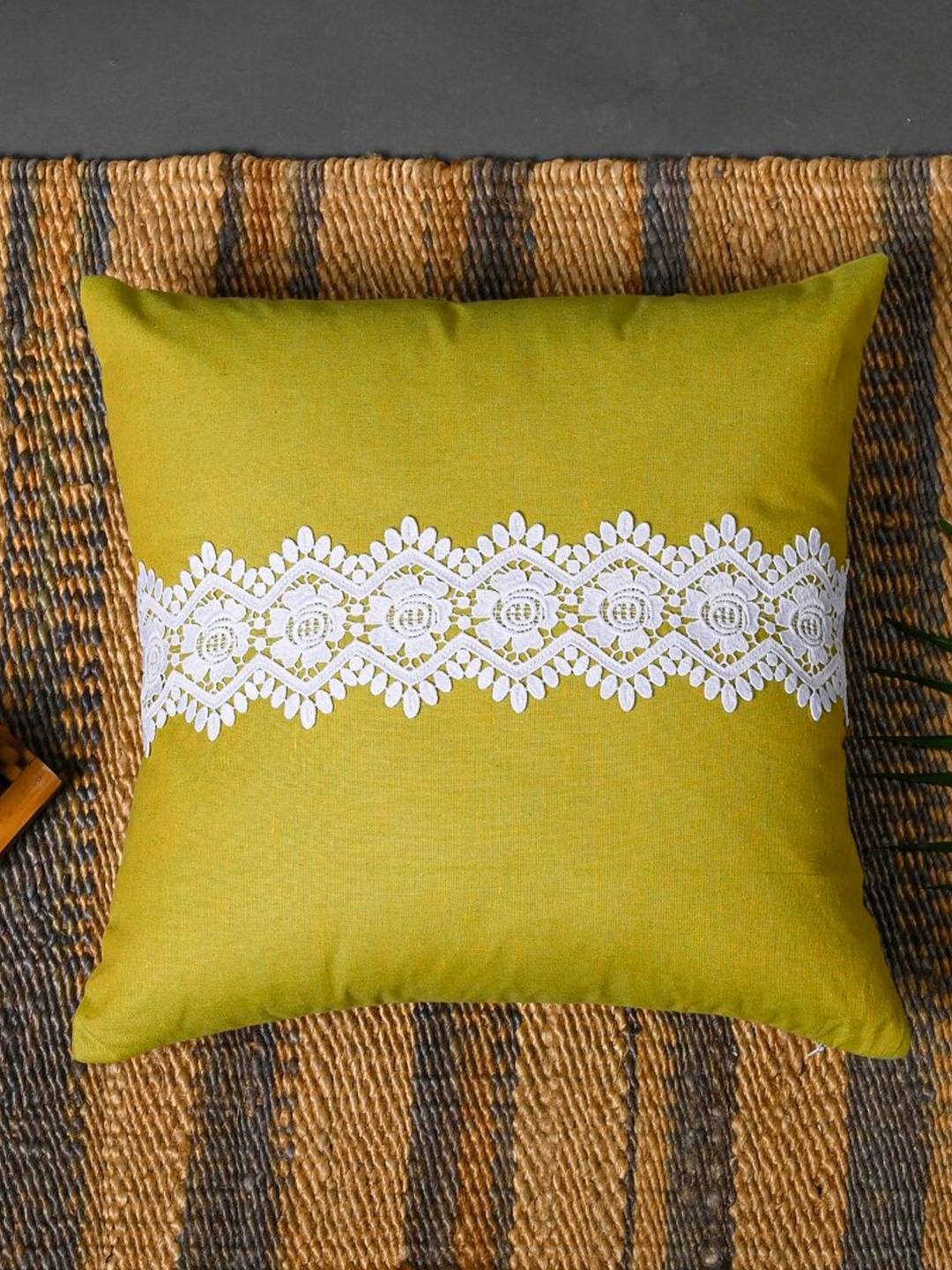 

OUSSUM Yellow & White 2 Pieces Lace Design Cotton Square Cushion Covers