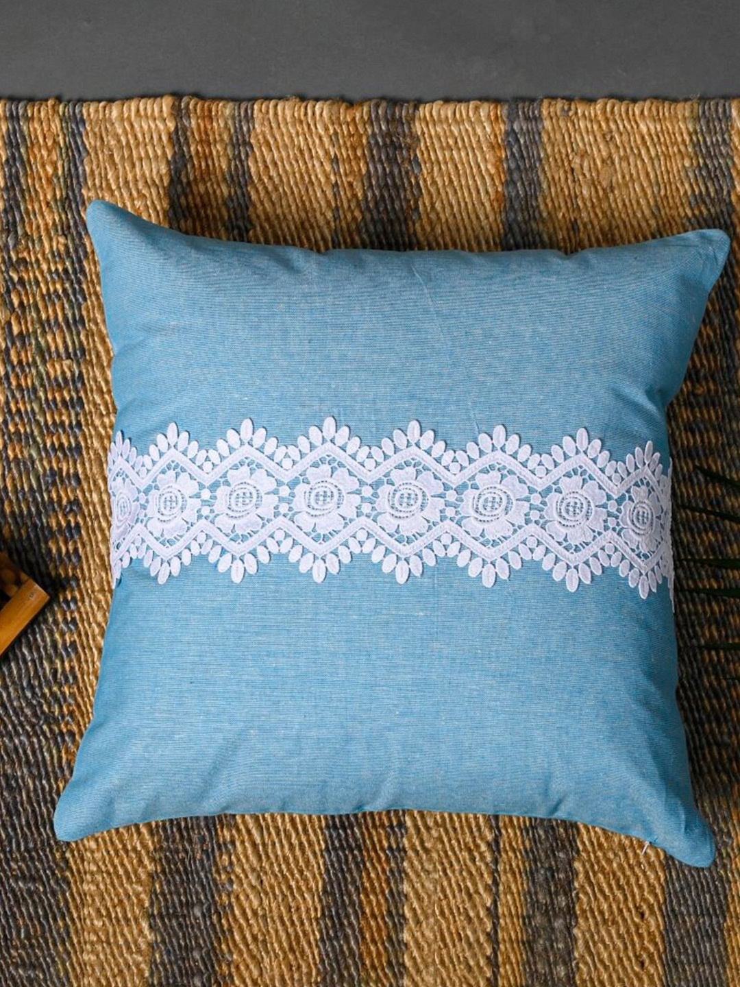 

OUSSUM Blue & White 2 Pieces Lace Design Cotton Square Cushion Covers