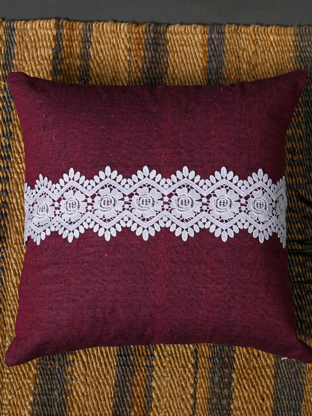 

OUSSUM Pink & White 2 Pieces Lace Design Cotton Square Cushion Covers
