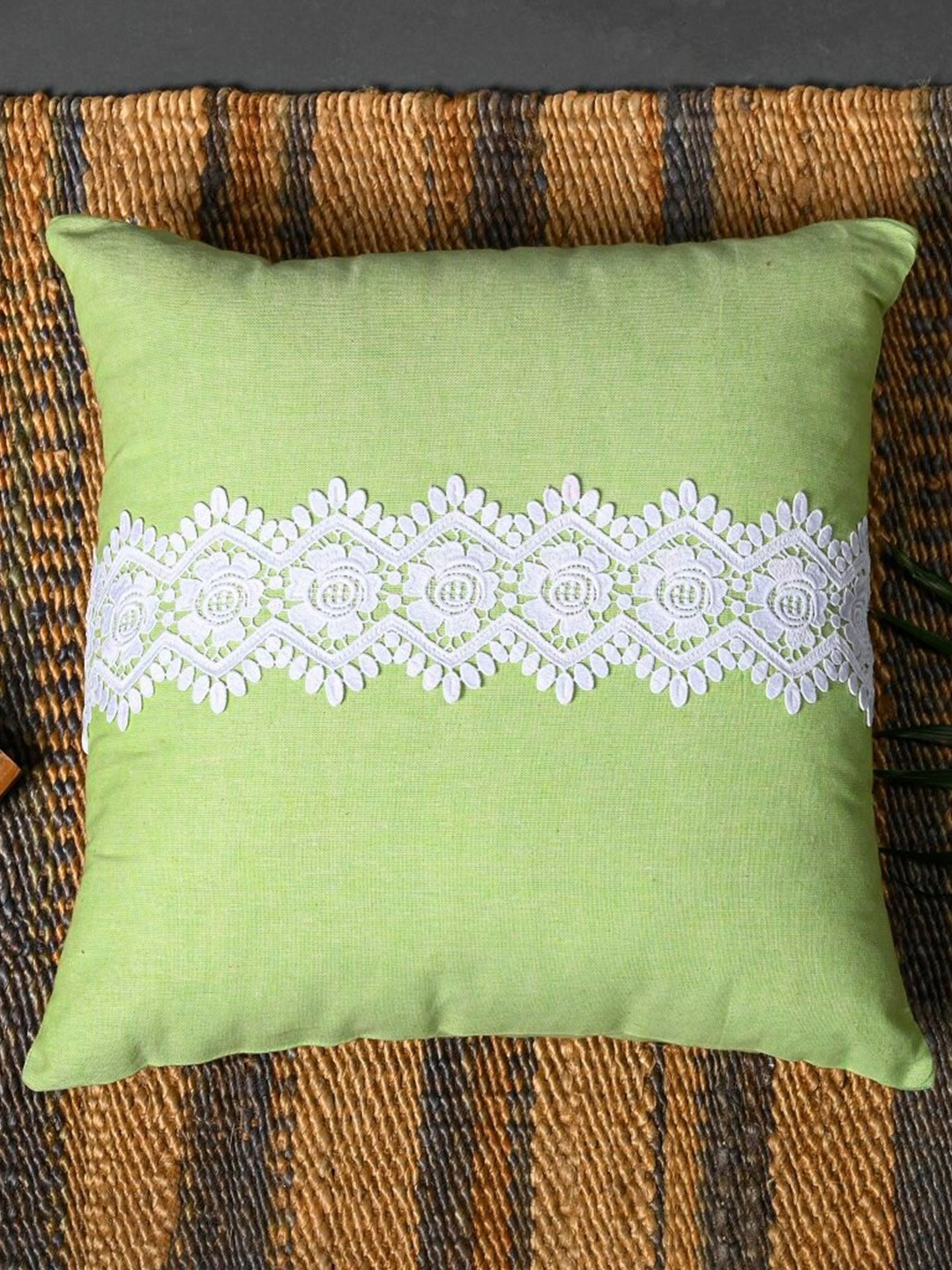 

OUSSUM Green & White 2 Pieces Lace Design Cotton Square Cushion Covers